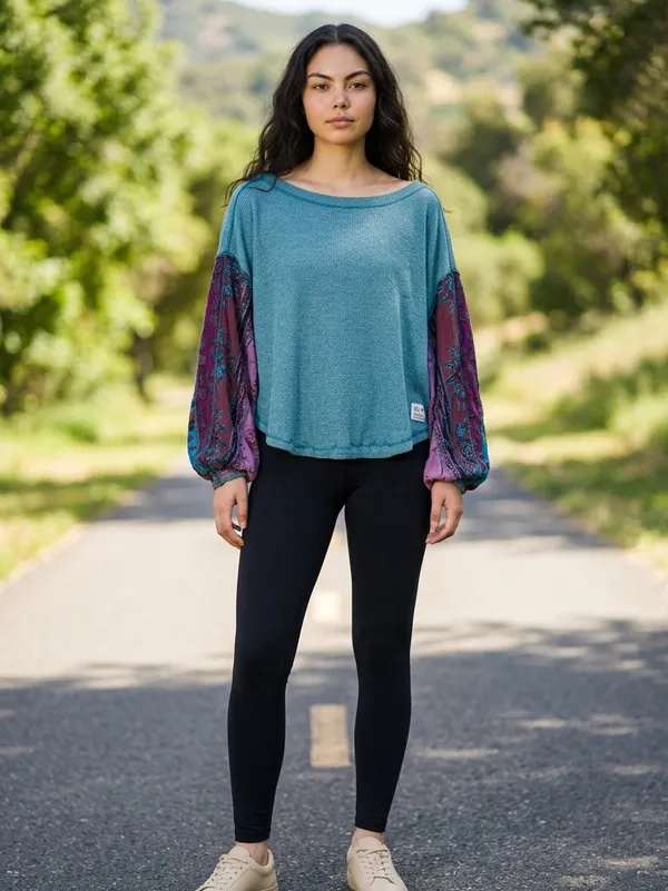 We The Free Oversized Waffle Knit Top Boho Patchwork Sleeves Sz S - Image 13