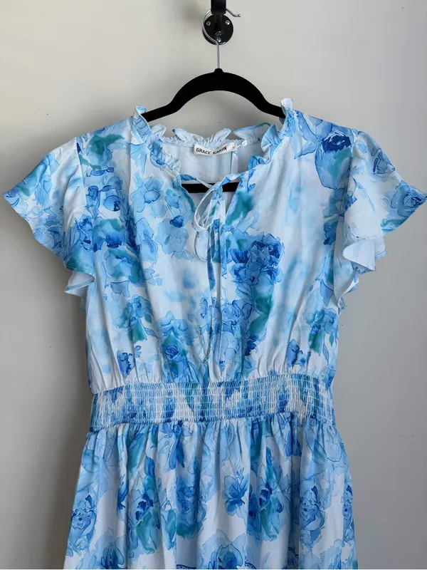 Grace Karin Blue Floral Smocked Maxi Dress Size M NWT - Image 3