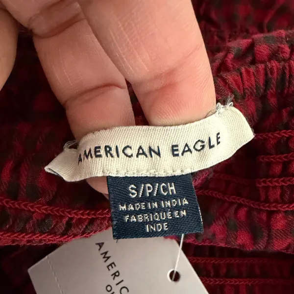 New American Eagle Long-Sleeve‎ Smocked Ruffle Plaid Top Red Gingham Women Small - Image 8