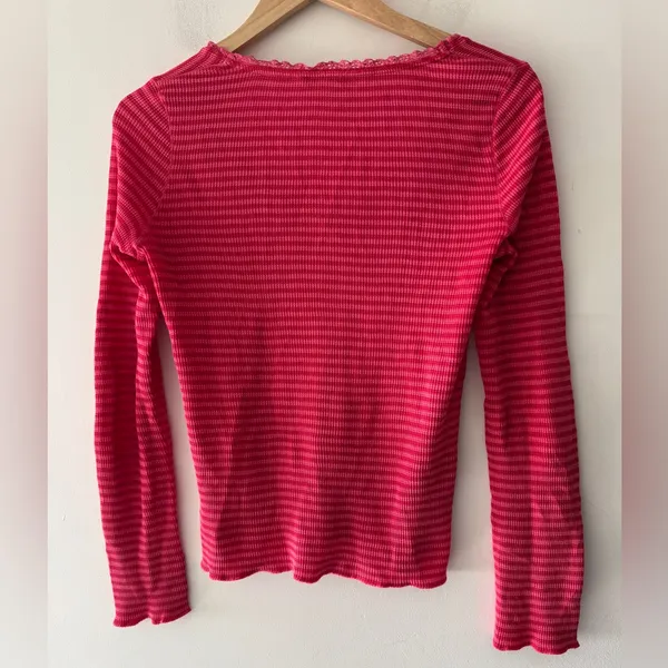Victoria’s‎ Secret Rare Y2K Pink Stripe Waffle Knit V Neck Long Sleeve Top Lace - Image 3