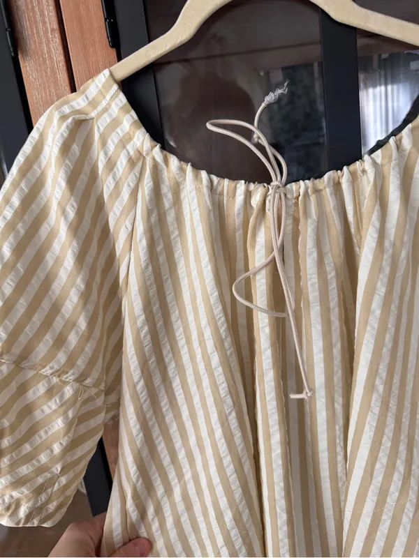 Amazon Bop Around Romper Striped Loose Puff short Sleeve beige tie front bow - Image 8
