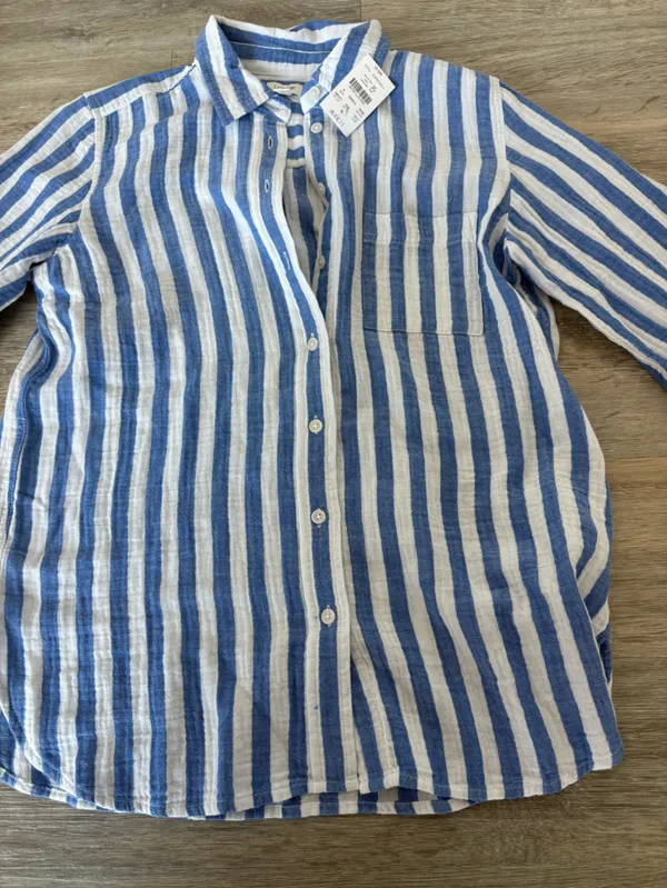 NWT J. Crew Blue and White Vertical Stripe Linen Button-Down Shirt - Image 2