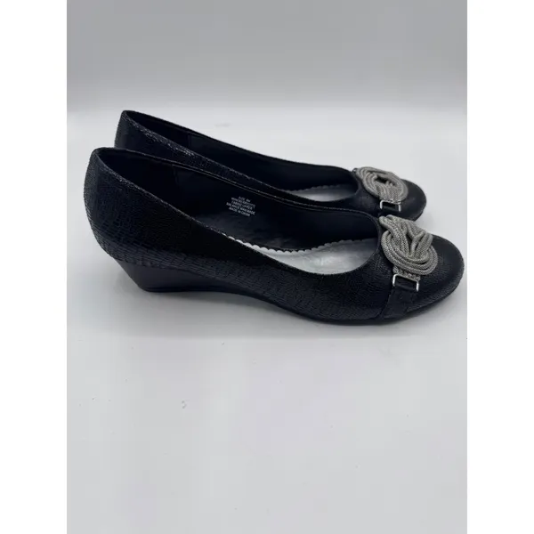 Laura Ashley 8M Black‎ Wedge Heels Women's Snake Print Knot Detail - Image 4
