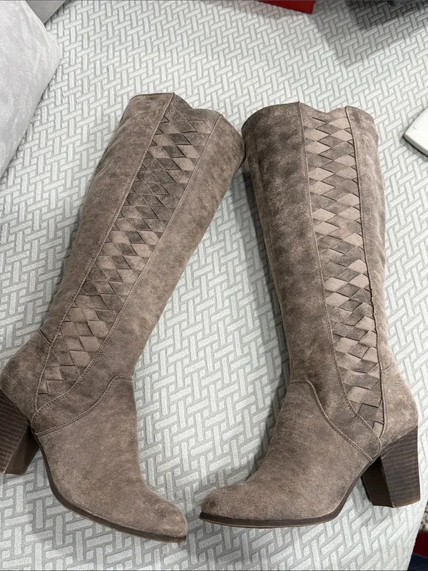 Fergalicious Taupe Suede Over-the-Knee Woven-Panel Boots Size 7.5 - Image 12