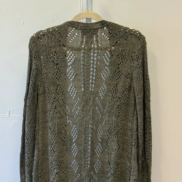 Knox Rose Olive Green Pointelle Knit Open Front Duster Cardigan Sweater Small - Image 5