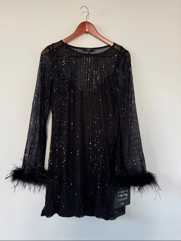 Lulus Marvelous Energy Black Sequin Mesh Long Sleeve Mini Dress NWT - Image 2