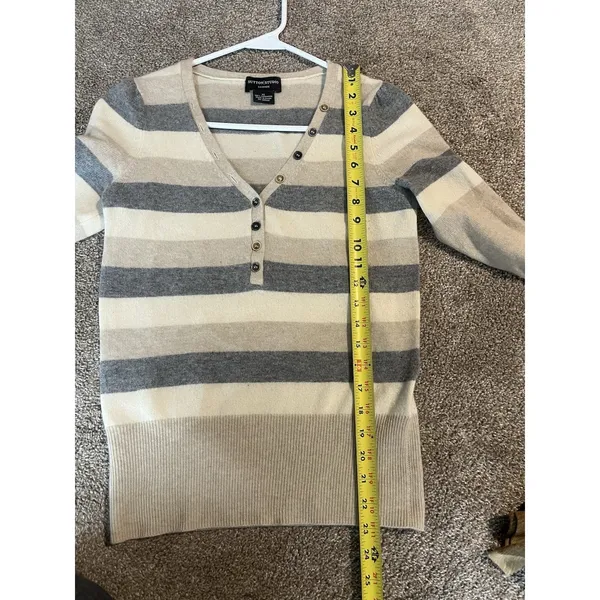Women's Sutton‎ Studio Brown Stripes 100% Cashmere Pullover Luxury Sweater XS - Image 5