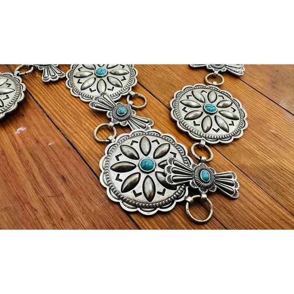 Western Concho Silver Color Turquoise Color Western Wear Belt Small/Medium - Image 6