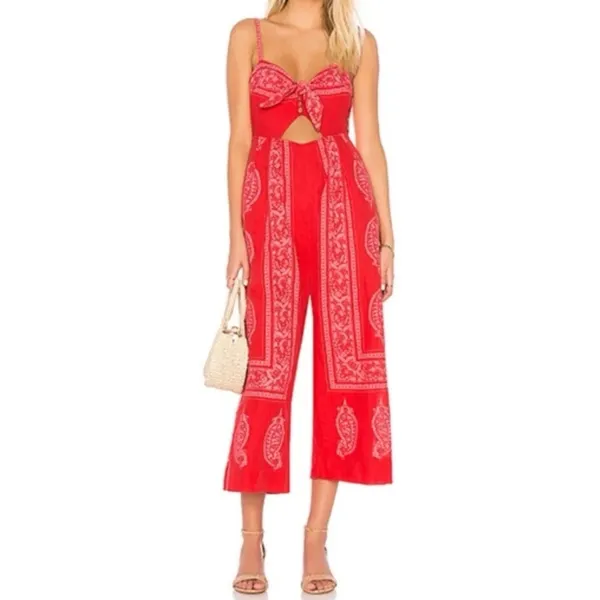 Free People Feel The Sun Wide Leg Paisley Bandana Print Jumpsuit Red Medium - Image 2