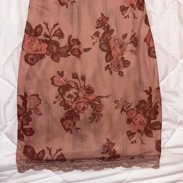 Forever 21 Floral Lace Trim Slip Dress | Brown Mesh Mini Dress | XS - Image 3