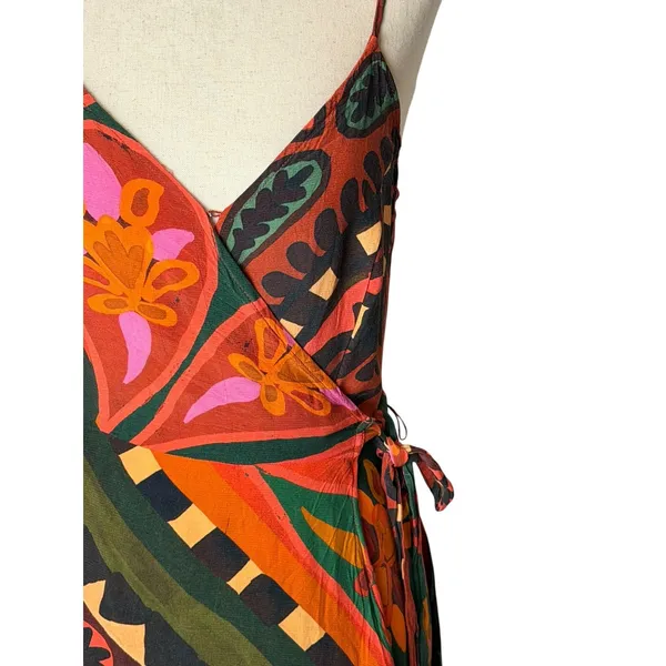 FARM‎ Rio Hanky Wrap Midi Dress Women Small Orange Red Boho Tropical Anthro - Image 7