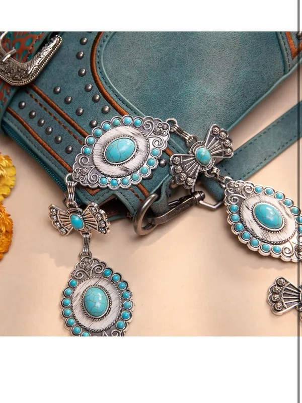 NEW Montana West Rustic Coutures Western Concho Metal Belts turquoise/horse hair - Image 7
