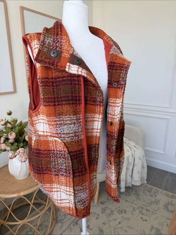 Free People Wrapped Up Blanket Vest Orange Plaid Wool Blend S - Image 10