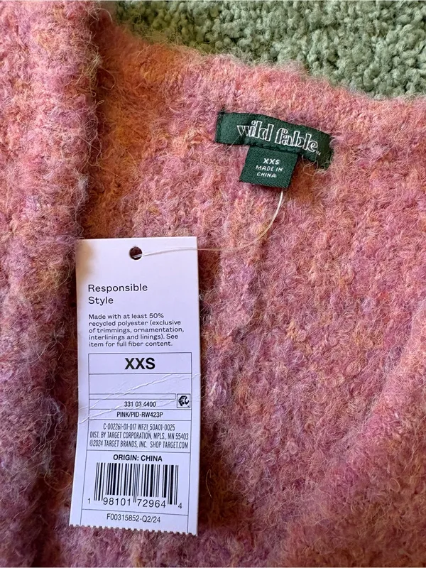 Wild Fable Pink Fuzzy Cropped Cardigan Sweater Wool Blend Size XXS NWT - Image 5