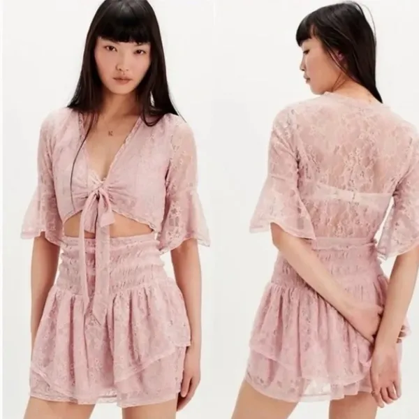 Free People Lala Dawn Rose Pink Lace Mini Dress Cutout Tie Front Size Large NWT - Image 2
