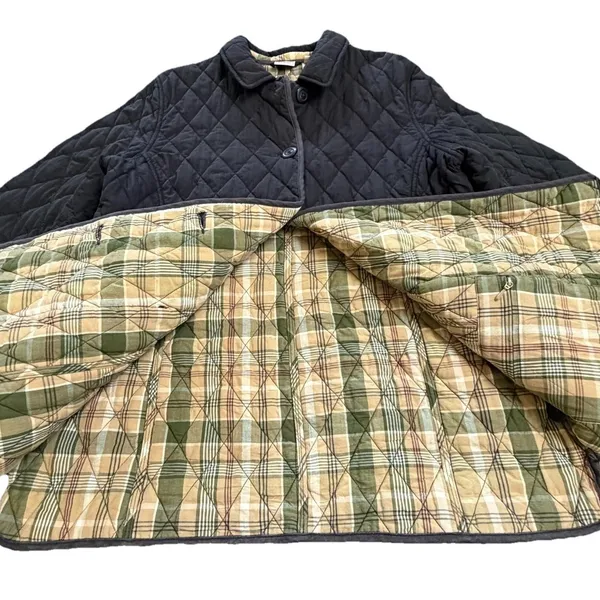 LL Bean‎ Vintage Quilted Riding Jacket Plaid Lined Black Women's Large Buttons - Image 7