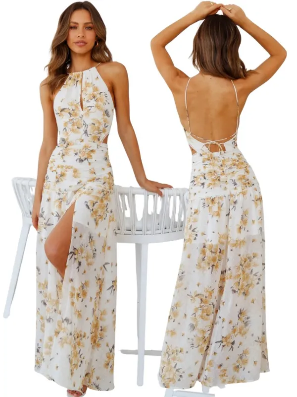 Hello Molly Just Us Floral Maxi Dress Womens Medium White Yellow Slits Open Back - Image 2