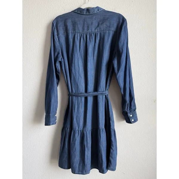 LOFT Chambray Flounce Shirt Dress Tie Waist Long Sleeve Blue Women Large Coastal - Image 6