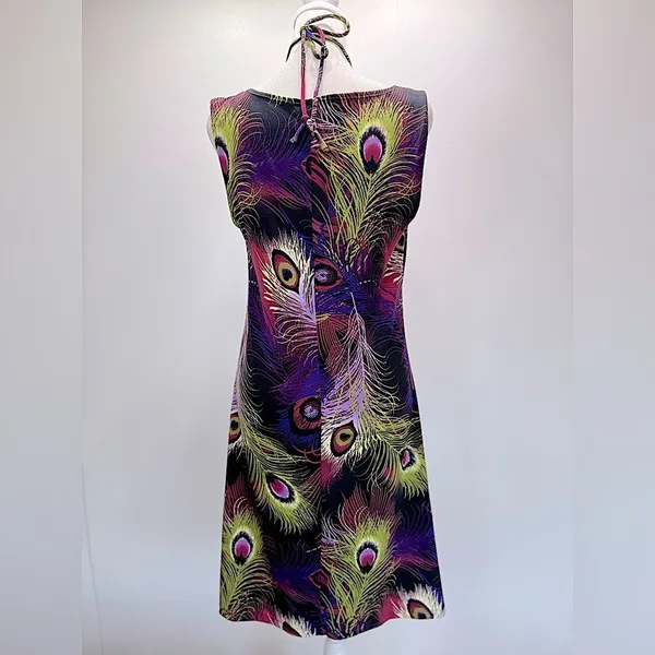 Peacock Feather Shift Dress with Embellished Neckline Sleeveless Size Medium - Image 8