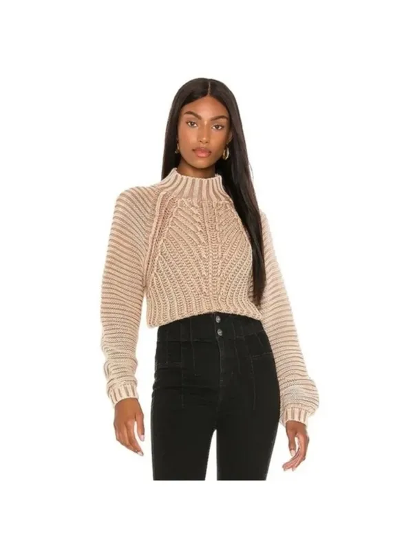 Free People Tan Knitted Chunky Cropped Sweater, Medium - Image 5