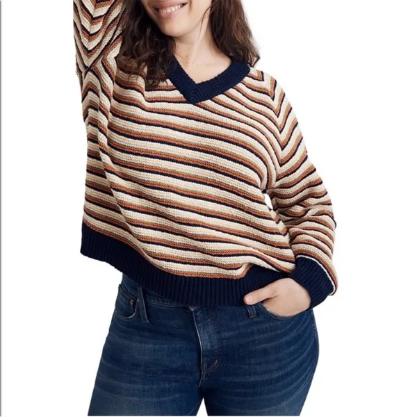 Madewell SZ S Arden V-Neck Crop Striped Pullover Sweater In Stripe - Image 9