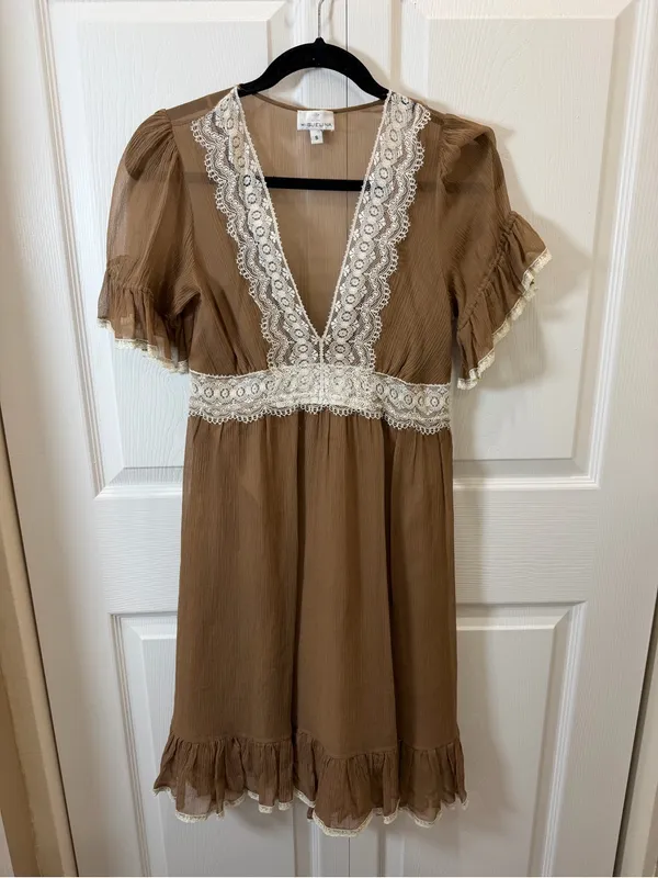 MIGUELINA Boho Lace-Trim V-Neck Mini Dress in Brown Small - Image 6