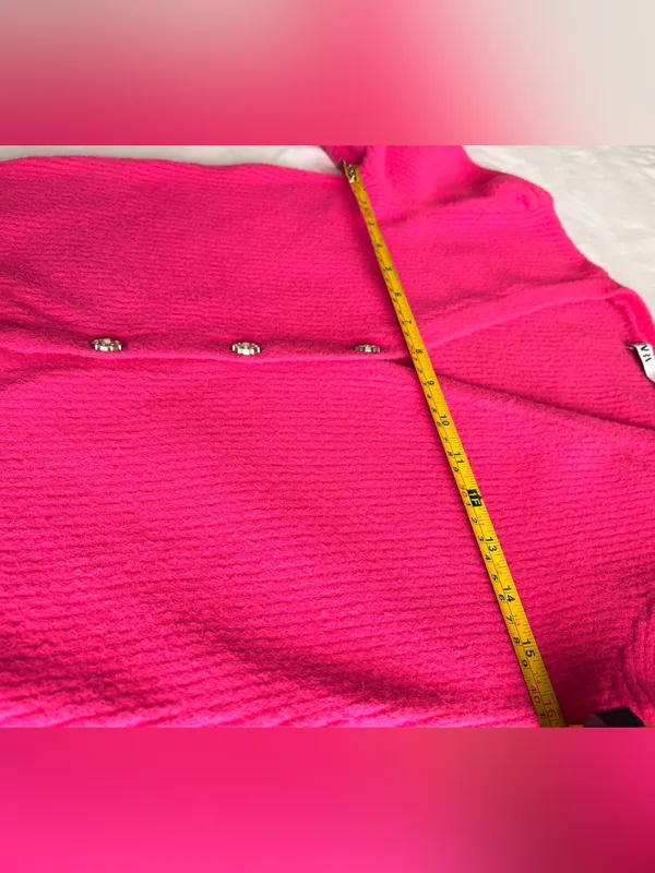 ZARA Hot Pink Fuchsia Cropped Ribbed Cardigan Rhinestone Buttons M - Image 7