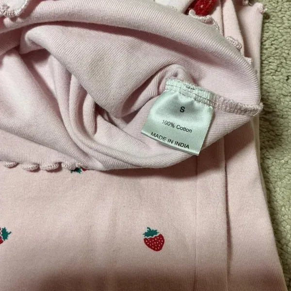 Y2K Pink Strawberry‎ Print Pajama Set Cotton Lace Trim Lettuce Edge Small - Image 4
