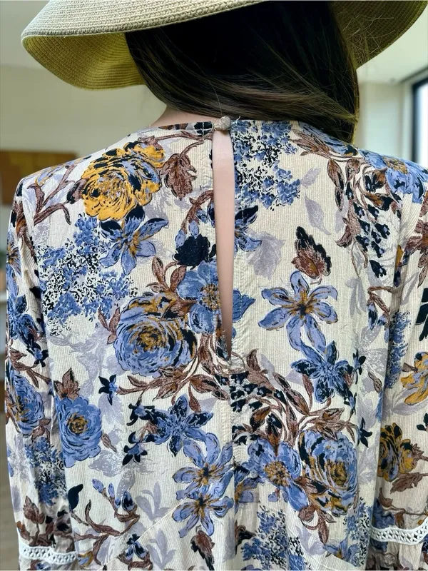 Umgee Floral Boho Tunic Mini Dress Large Bell Sleeve High Low Crochet Trim - Image 3