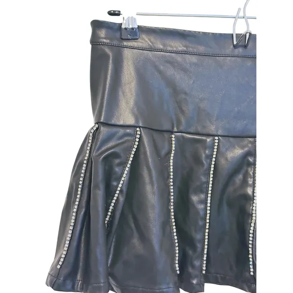 Hot & Delicious VTG Y2K Rhinestone Vegan Leather Micro Mini Skirt Pleated Large Black 90s Retro - Image 5
