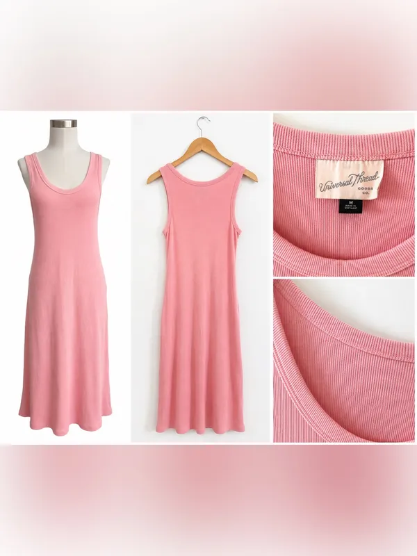 Universal Thread Pink Ribbed Tank Midi Dress Size Medium Casual Stretch - Image 2
