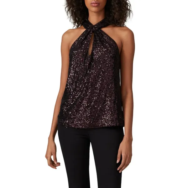 Parker Dallas Sleeveless Twist Halter Lined Burgundy Sequined Top Size Medium - Image 3