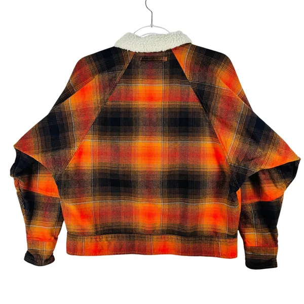 Urban Outfitters Plaid Jacket Sherpa Collar Button Front Orange Black XS‎ Grunge - Image 2