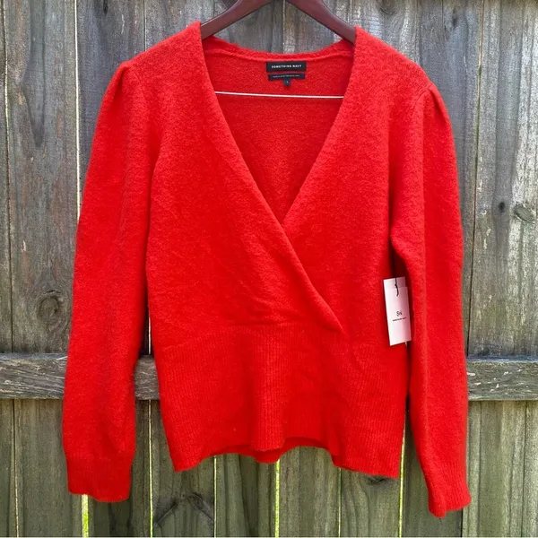 NWT Something Navy Red Alpaca Blend V-neck Puff Sleeve Sweater - Image 3