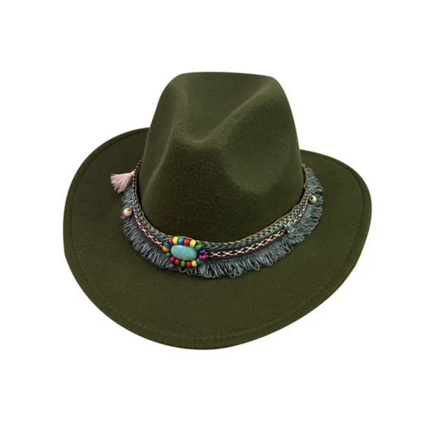 Dark Green‎ Western Cowboy, Cowgirl Hat, Bead Tassle Strap, Men Women Wide Brim - Image 2