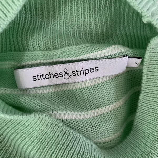 Stitches And Stripes Sweater Small Green White Striped Mockneck Preppy - Image 6