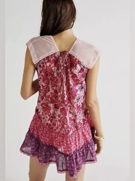 Free People Angelica Printed Tunic Mesh Top Pink Floral Blouse Sleeveless XS/TP - Image 2