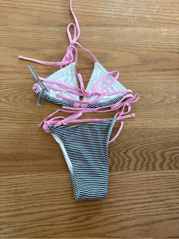 Frankie's Bikinis Striped Triangle Bikini with Pink Trim - Image 2