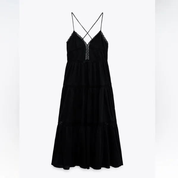 ZARA Black Lace Insert Open Back Strappy Midi Dress Large NEW - Image 3