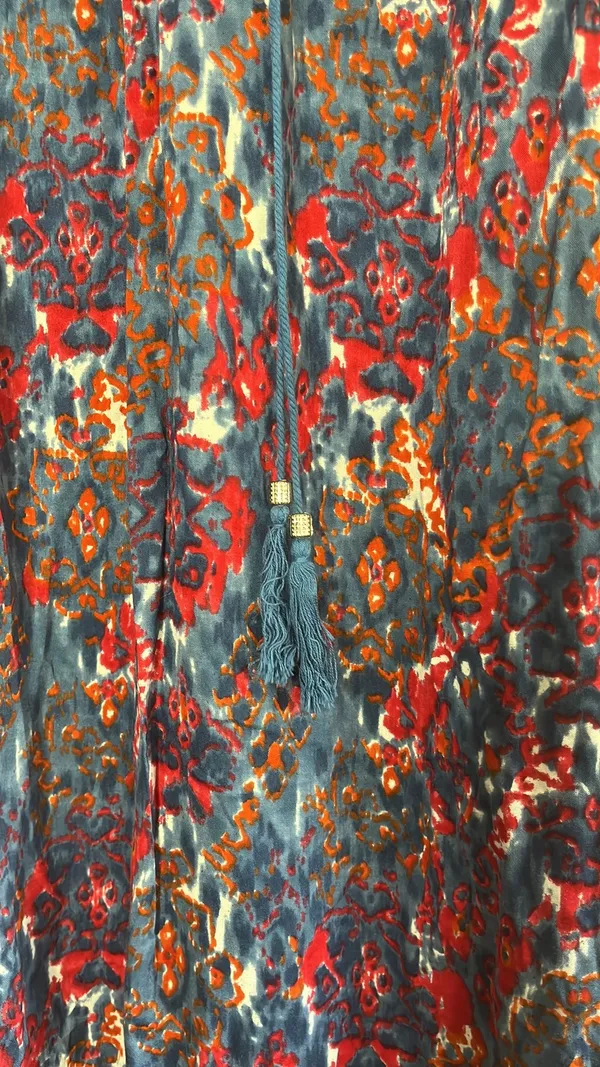 Angie Colorful Boho Flowy Maxi Skirt. Like new. Elastic waistband. Long beaded ties. Blue orange red white. Great festival skirt. Watercolor. 39” long. 13”-16” waist - Image 3