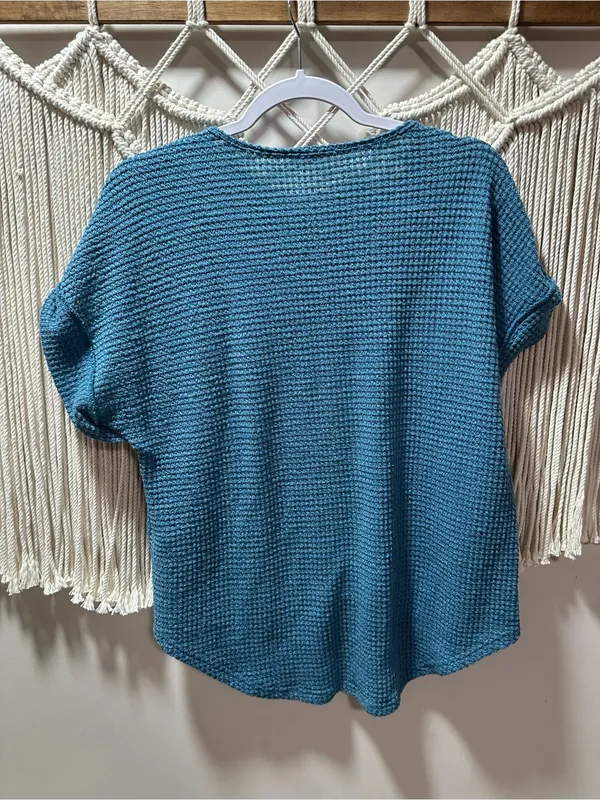 Amazon Teal Open-Knit V-Neck Short Sleeve Sweater - Image 2