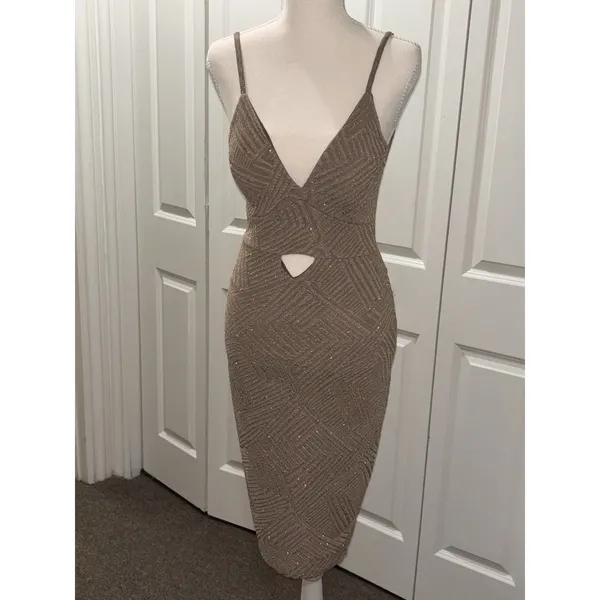Privy Gold Mesh Padded Sequin Bodycon Keyhole Dress Party Cocktail Sleeveless XS - Image 2