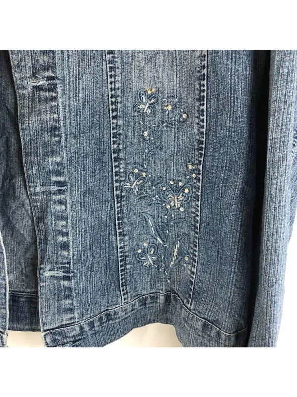Misswan Womens Denim Jacket Embroidered Butterflies Floral Vintage Y2K US L - Image 2