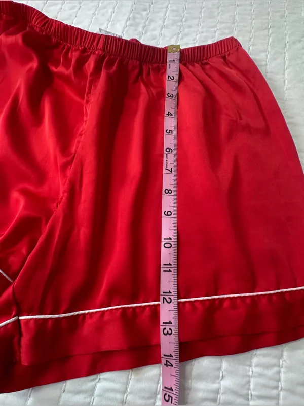 Ekouaer Bedtime Stories Red Satin Short-Sleeve Pajama Set with White Piping in Size M - Image 15
