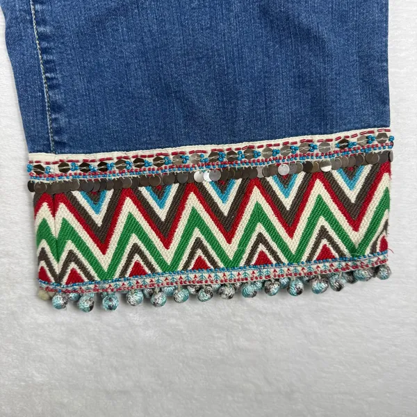 Alice + Olivia Wide Leg Jeans Blue Denim Boho Embroidered Pom‎ Pom Hem Size 25 - Image 7