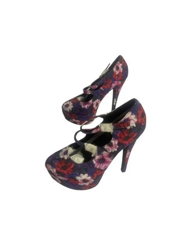 Qupid Womens Floral Platform Heels Blue Suede Strappy Pumps Size 6 - Image 3