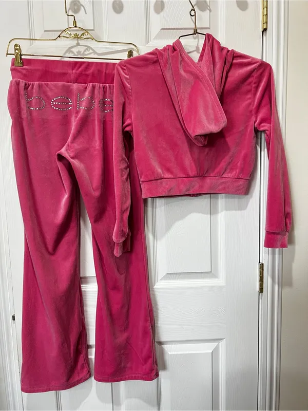 Bebe Pink Velour Tracksuit Size Small Pink Taffy Plush Zip Up Set Jacket & Pants - Image 2