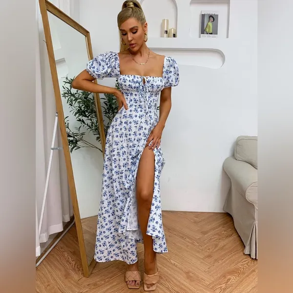 NEW Puff Sleeve Floral Split Maxi Flowy A Line Beach Dress S $59 - Image 3