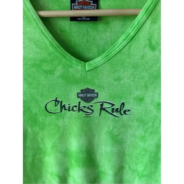Vintage Harley Davidson Chicks Rule Lime Green Tie Dye Baby Tee - Image 3