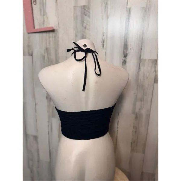 Black Halter Ruched Crop Top Size Large Black - Image 4